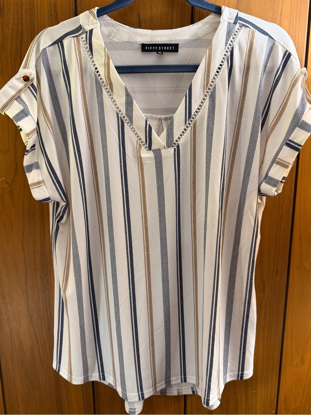 Fifty Street Cream V-Neck Short Sleeve Stripe Top